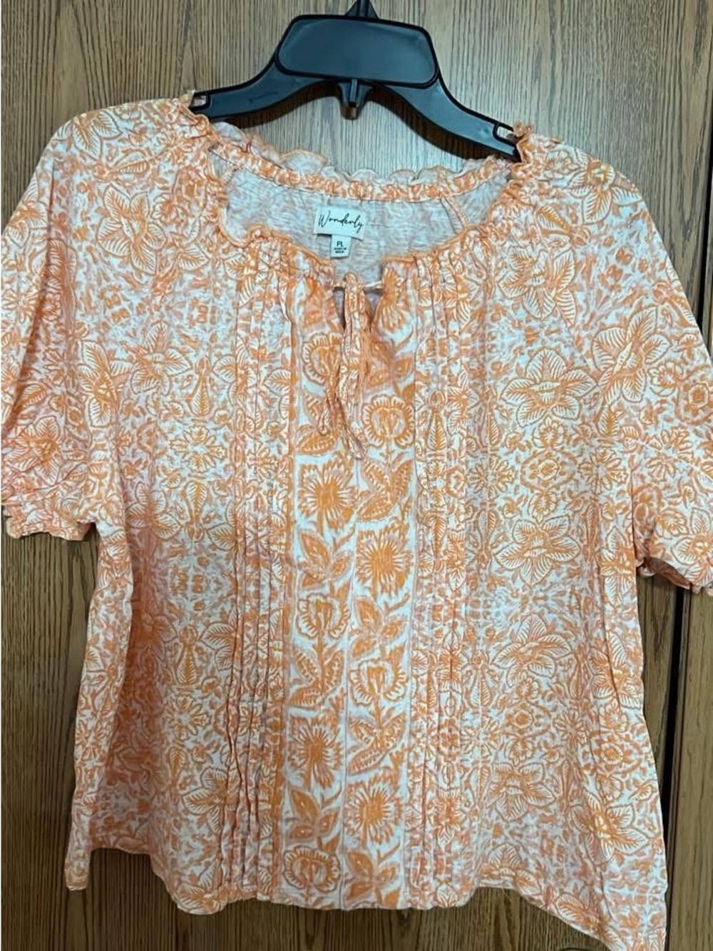 Wonderly Peach Floral Pintuck Tie-Neck Blouse